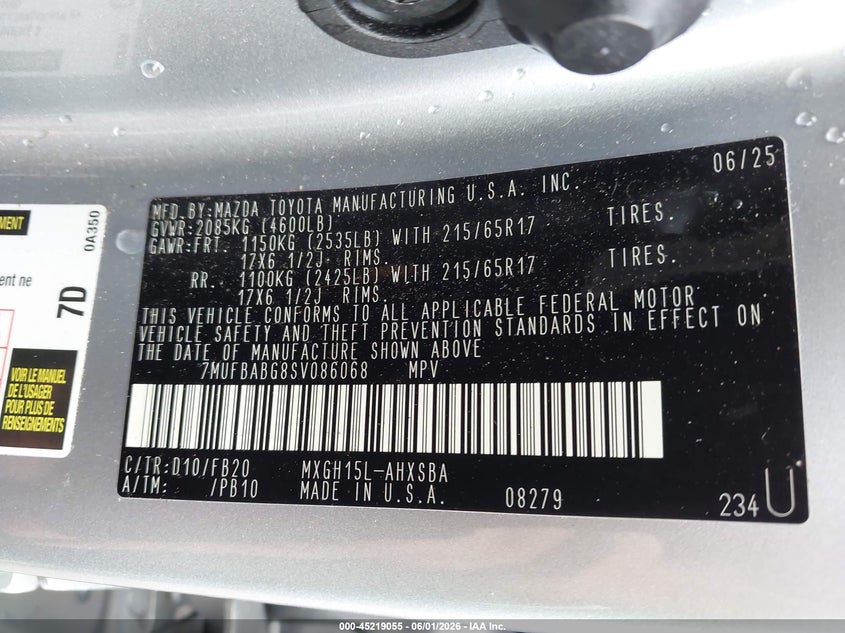 2025 Toyota Corolla cross VIN 7MUFBABG8SV086068 IAAI salvage auction — REAR END, Salvage Title, sold $10,300 on 2026-07-14 (photo 9)