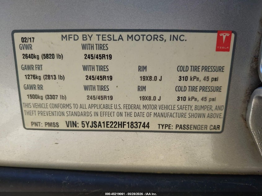 2017 Tesla Model s VIN 5YJSA1E22HF183744 IAAI salvage auction — FRONT & REAR, Salvage Title, sold $6,975 on 2026-07-23 (photo 9)