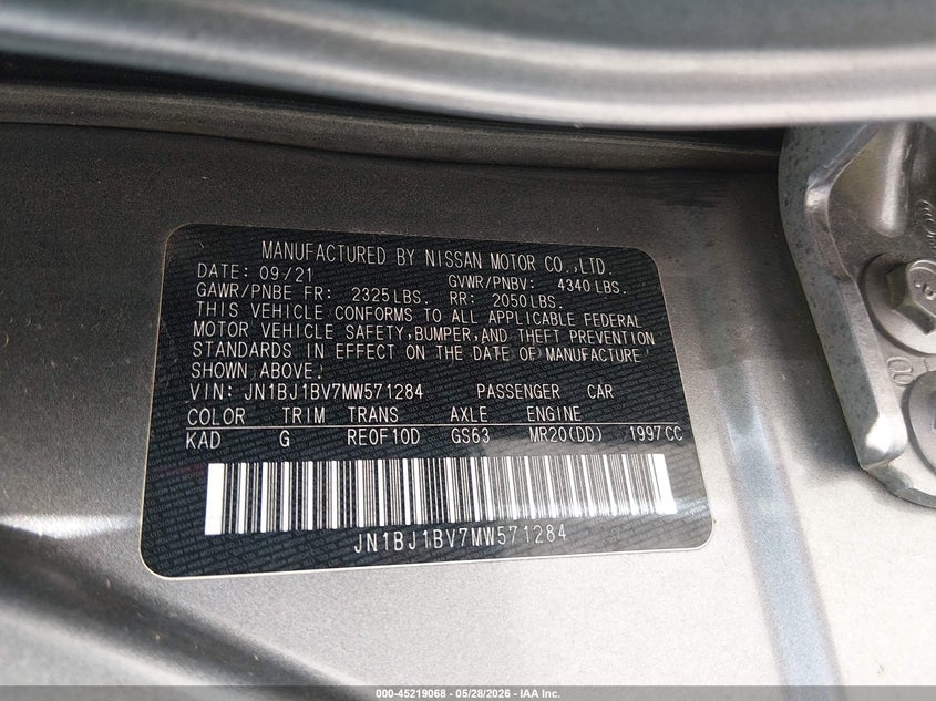 2021 Nissan Rogue VIN JN1BJ1BV7MW571284 IAAI salvage auction — HAIL, Salvage (Missouri), sold $5,700 on 2026-07-14 (photo 9)