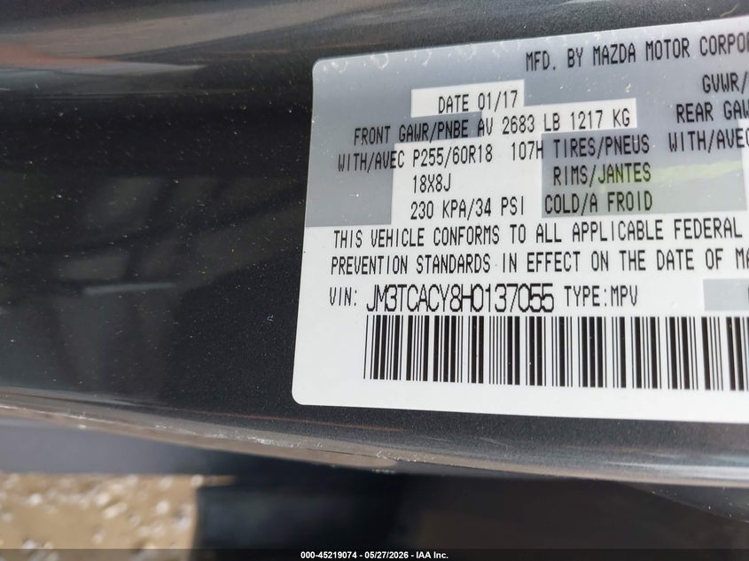 2017 Mazda Cx-9 VIN JM3TCACY8H0137055 IAAI salvage auction — FRONT END, Salvage Title, sold $4,500 on 2026-07-29 (photo 9)