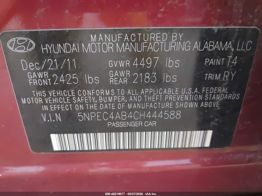 2012 Hyundai Sonata VIN 5NPEC4AB4CH444588 IAAI salvage auction — FRONT END, Salvage Title, sold $425 on 2026-07-06 (photo 9)
