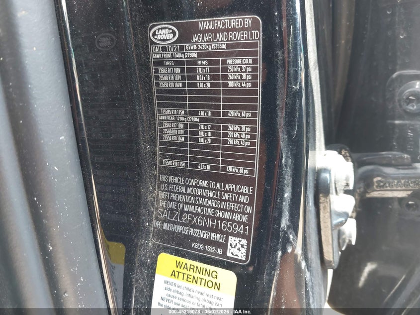 2022 Land rover Range rover evoque VIN SALZL2FX6NH165941 IAAI salvage auction — BIO HAZARD, Salvage Title, sold $1,350 on 2026-08-01 (photo 9)
