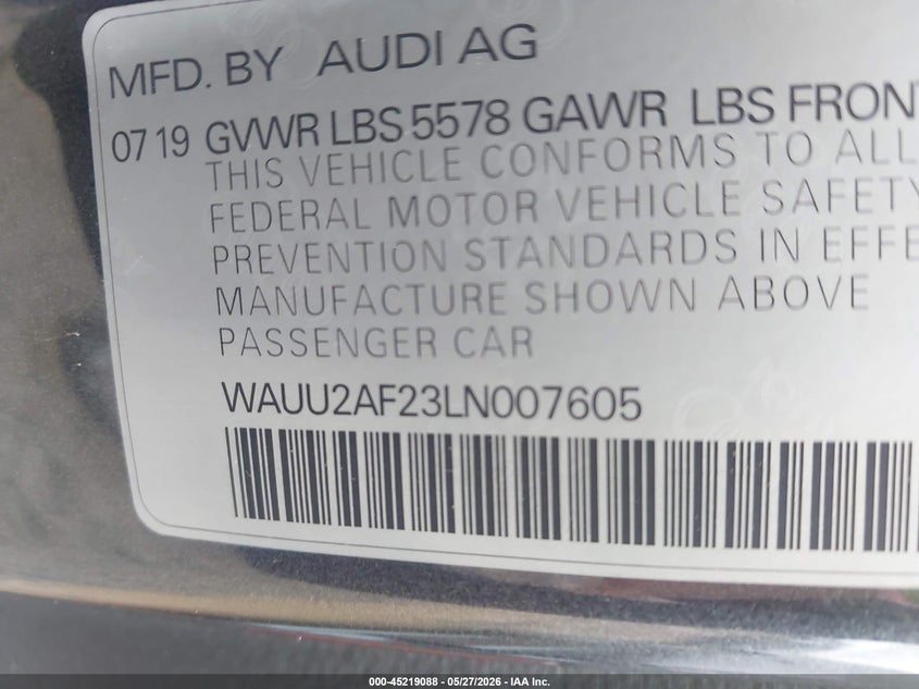 2020 Audi A7 VIN WAUU2AF23LN007605 IAAI salvage auction — FRONT END, Salvage Title, sold $16,200 on 2026-07-09 (photo 9)