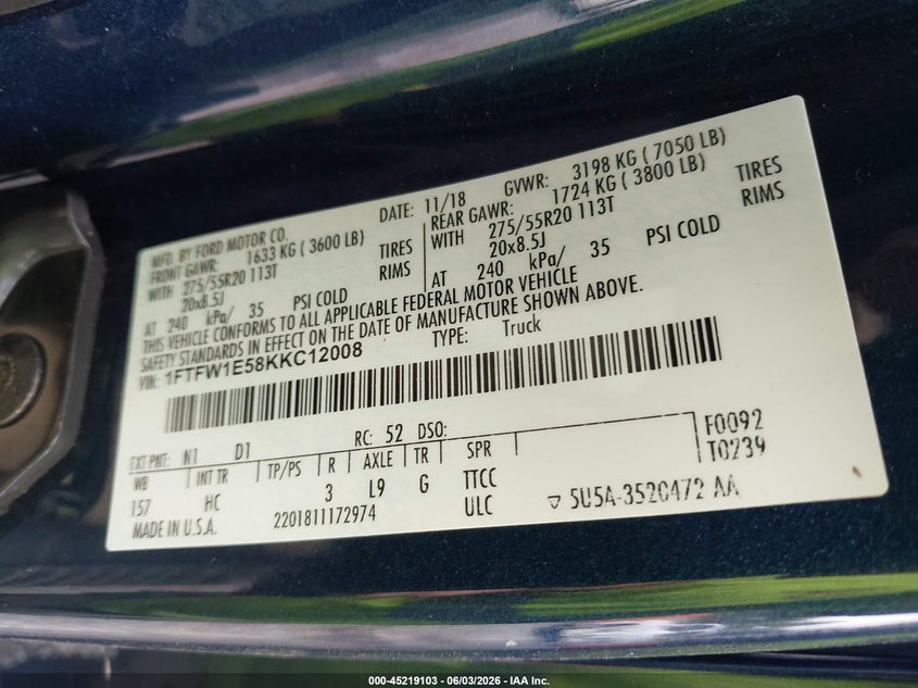 2019 Ford F-150 VIN 1FTFW1E58KKC12008 IAAI salvage auction — REAR END, Salvage Title, sold $25 on 2026-07-24 (photo 9)