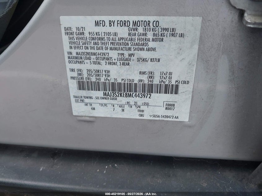 2021 Ford Ecosport VIN MAJ3S2KE8MC443972 IAAI salvage auction — FRONT END, Salvage Title, sold $1,850 on 2026-07-08 (photo 9)
