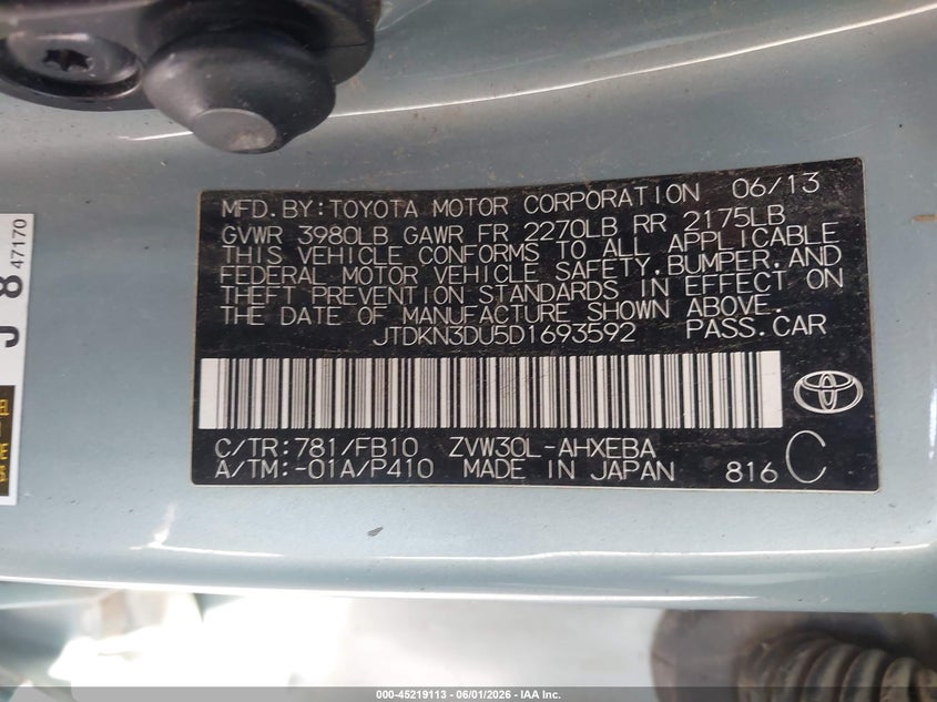 2013 Toyota Prius VIN JTDKN3DU5D1693592 IAAI salvage auction — LEFT SIDE, Salvage Title, sold $1,050 on 2026-07-15 (photo 9)