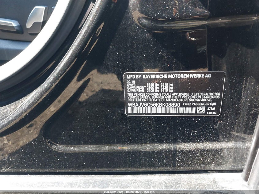 2019 BMW 6er VIN WBAJV6C56KBK08890 IAAI salvage auction — FRONT END, Salvage (New Jersey), sold $8,700 on 2026-08-10 (photo 9)
