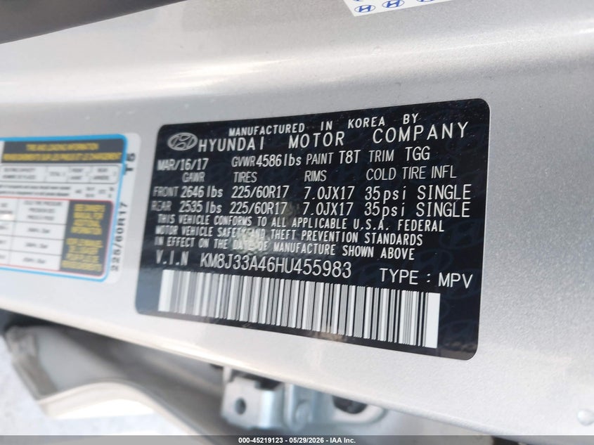 2017 Hyundai Tucson VIN KM8J33A46HU455983 IAAI salvage auction — THEFT, Salvage Title, sold $4,350 on 2026-07-20 (photo 9)