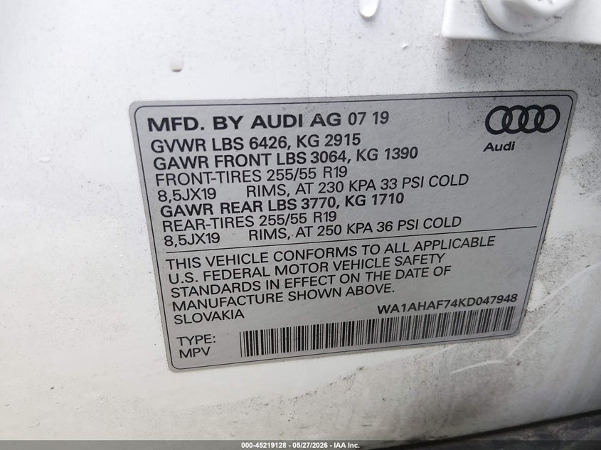 2019 Audi Q7 VIN WA1AHAF74KD047948 IAAI salvage auction — REAR END, Salvage Title, sold $10,600 on 2026-07-30 (photo 9)