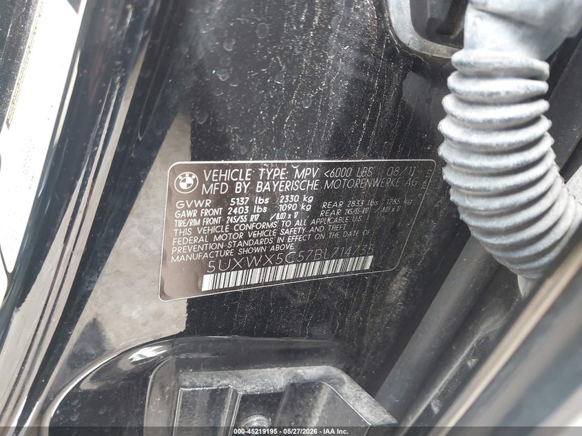 2011 BMW X3 VIN 5UXWX5C57BL714735 IAAI salvage auction — REAR END, Original (Texas), sold $725 on 2026-07-14 (photo 9)