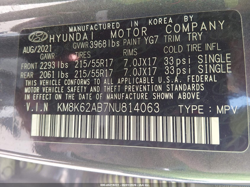 2022 Hyundai Kona VIN KM8K62AB7NU814063 IAAI salvage auction — HAIL, Salvage (Kansas), sold $5,950 on 2026-07-24 (photo 9)