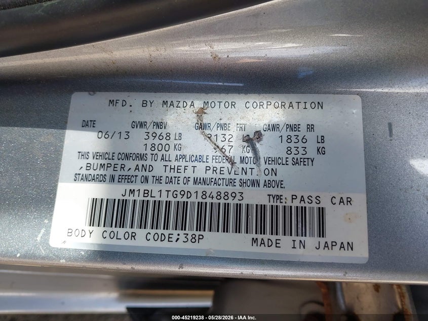 2013 Mazda 3 VIN JM1BL1TG9D1848893 IAAI salvage auction — REAR END, Salvage Title, sold $425 on 2026-07-24 (photo 9)