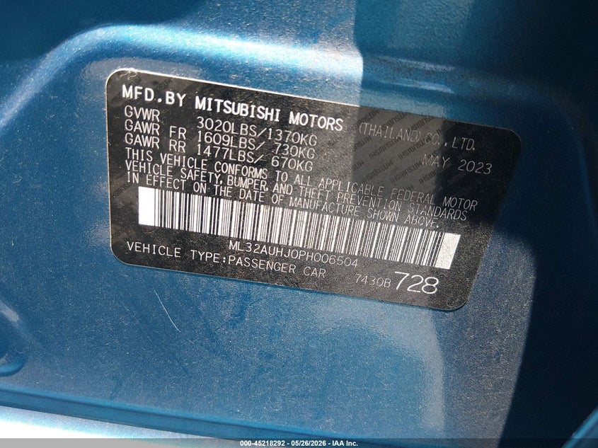 2023 Mitsubishi Mirage VIN ML32AUHJ0PH006504 IAAI salvage auction — RIGHT SIDE, Salvage Title, sold $2,550 on 2026-07-06 (photo 9)