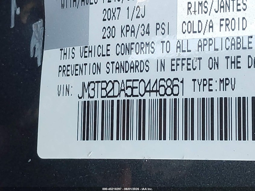 2014 Mazda Cx-9 VIN JM3TB2DA5E0446861 IAAI salvage auction — FRONT END, Salvage Title, sold $1,100 on 2026-07-21 (photo 9)