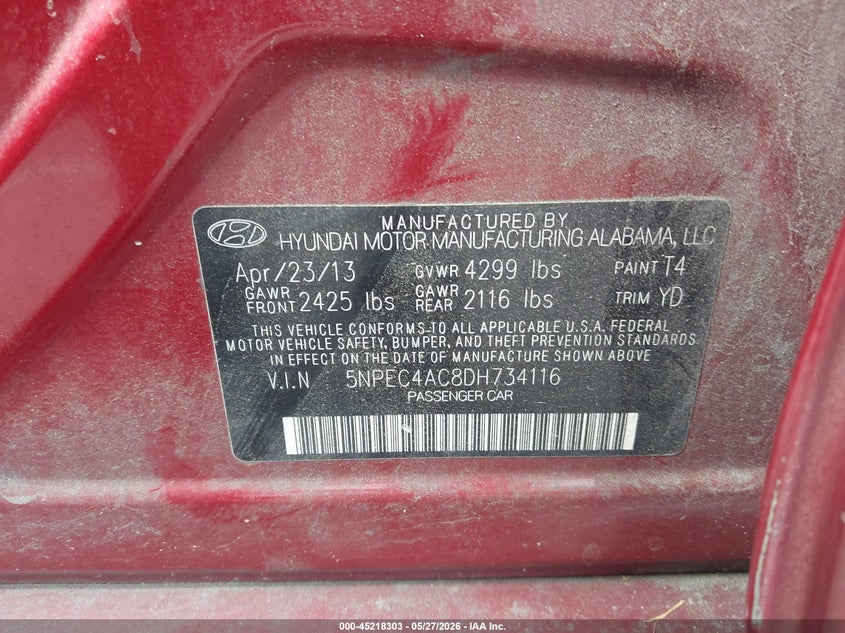 2013 Hyundai Sonata VIN 5NPEC4AC8DH734116 IAAI salvage auction — LEFT REAR, Salvage (North Carolina), sold $875 on 2026-07-08 (photo 9)