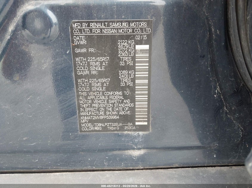 2015 Nissan Rogue VIN KNMAT2MV8FP539964 IAAI salvage auction — LEFT REAR, Salvage (Missouri), sold $500 on 2026-07-30 (photo 9)