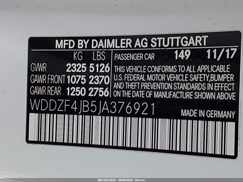 2018 Mercedes-benz E-klasse VIN WDDZF4JB5JA376921 IAAI salvage auction — REAR END, Original (Texas), sold $8,800 on 2026-08-02 (photo 9)