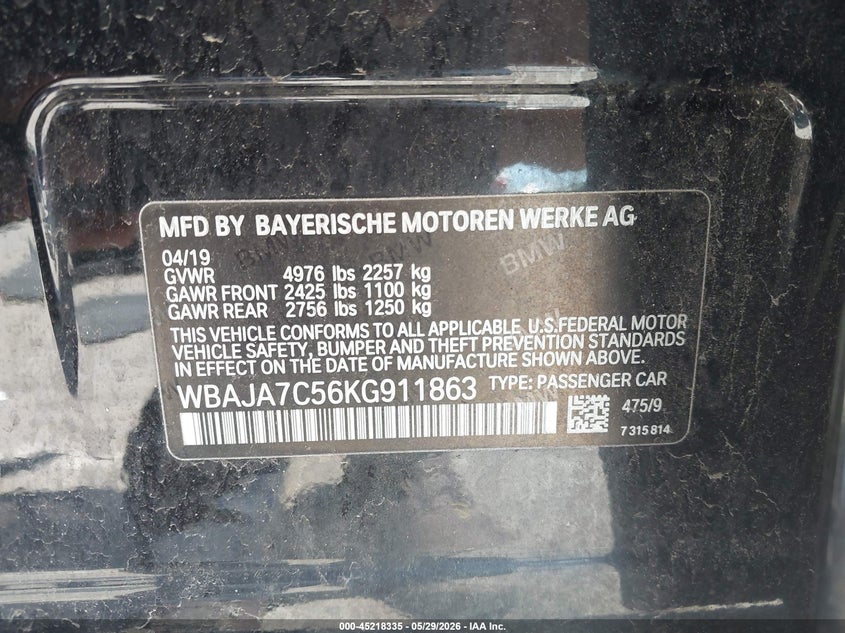 2019 BMW 5er VIN WBAJA7C56KG911863 IAAI salvage auction — REAR END, Salvage (New Jersey), sold $9,850 on 2026-08-03 (photo 9)