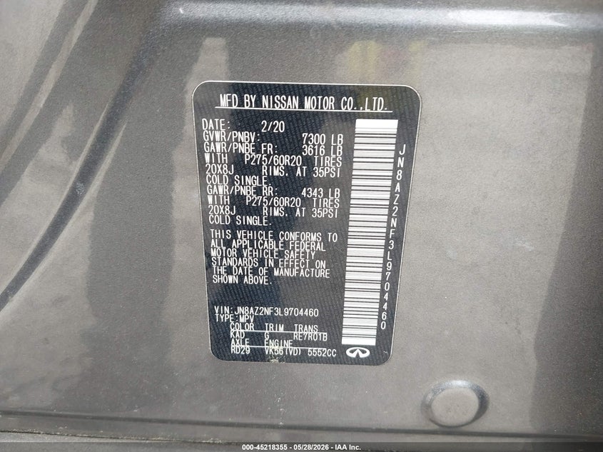 2020 Infiniti Qx80 VIN JN8AZ2NF3L9704460 IAAI salvage auction — REAR END, Salvage (Georgia), sold $9,600 on 2026-07-31 (photo 9)
