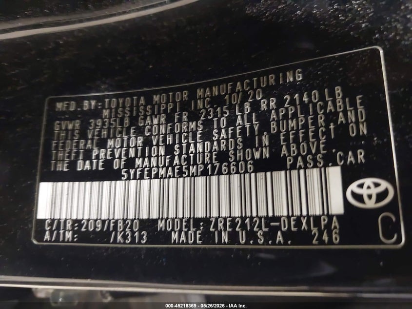 2021 Toyota Corolla VIN 5YFEPMAE5MP176606 IAAI salvage auction — FRONT END, Salvage Title, sold $3,350 on 2026-07-23 (photo 9)