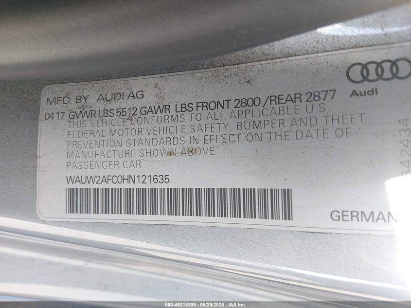 2017 Audi A7 VIN WAUW2AFC0HN121635 IAAI salvage auction — FRONT END, Salvage (New Jersey), sold $3,650 on 2026-07-20 (photo 9)