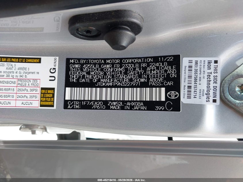 2022 Toyota Prius VIN JTDKAMFP9N3227971 IAAI salvage auction — REAR END, Salvage (Delaware), sold $12,550 on 2026-08-24 (photo 9)