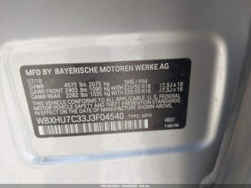 2018 BMW X1 VIN WBXHU7C33J3F04540 IAAI salvage auction — FRONT END, Salvage (Illinois), sold $1,975 on 2026-07-18 (photo 9)