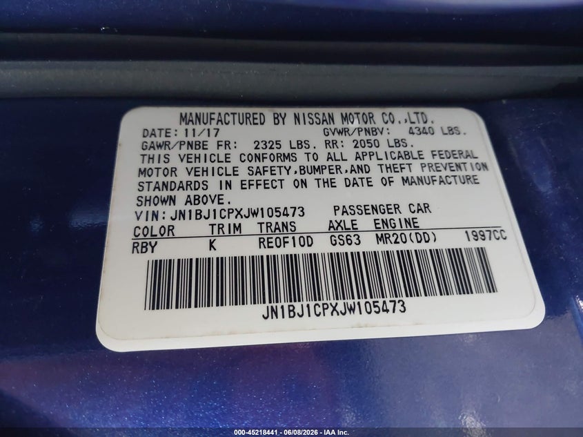 2018 Nissan Rogue VIN JN1BJ1CPXJW105473 IAAI salvage auction — FRONT END, Salvage Title, sold $1,775 on 2026-07-09 (photo 9)