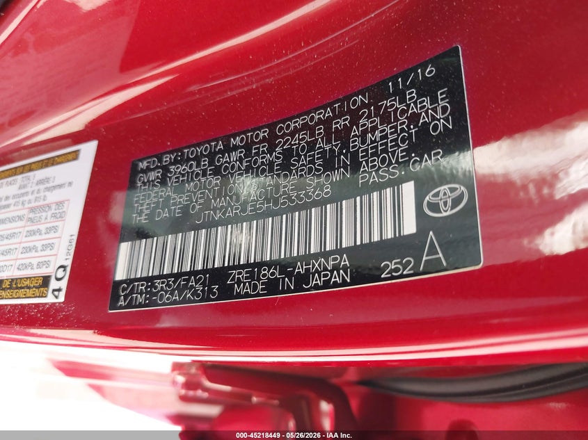 2017 Toyota Corolla VIN JTNKARJE5HJ533368 IAAI salvage auction — FRONT END, Salvage Title, sold $1,200 on 2026-07-21 (photo 9)