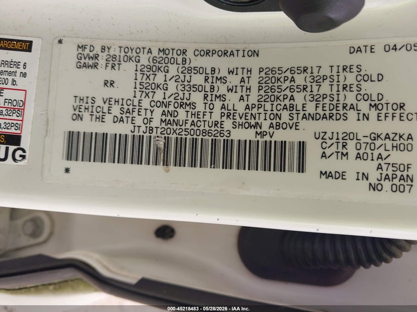 2005 Lexus Gx 470 VIN JTJBT20X250086263 IAAI salvage auction — NORMAL WEAR, Clear (Michigan), sold $3,200 on 2026-07-21 (photo 9)