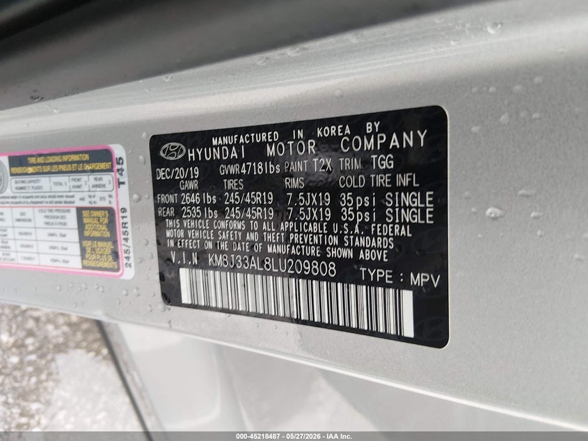 2020 Hyundai Tucson VIN KM8J33AL8LU209808 IAAI salvage auction — RIGHT SIDE, Salvage (Missouri), sold $4,950 on 2026-07-14 (photo 9)
