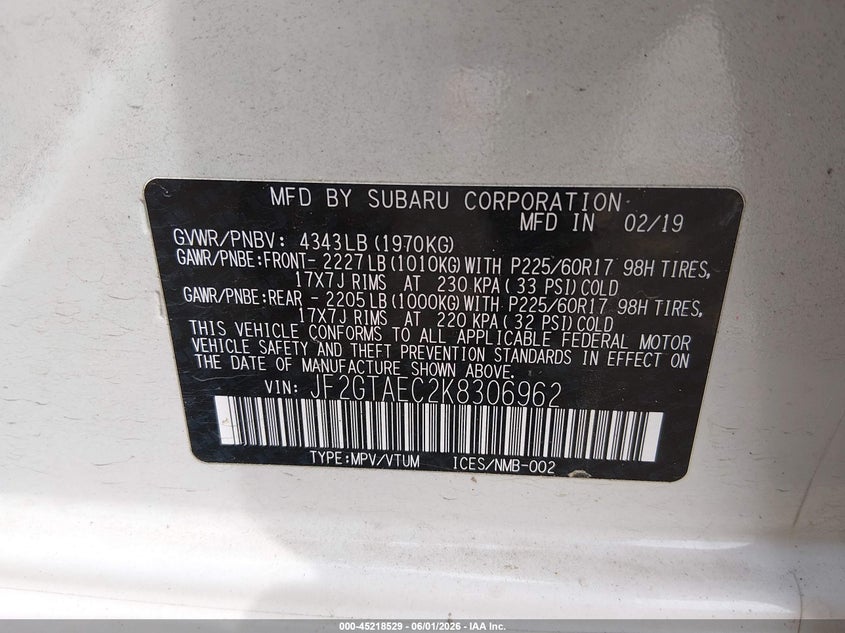 2019 Subaru VIN JF2GTAEC2K8306962 IAAI salvage auction — ROLLOVER, Salvage Title, sold $1,850 on 2026-07-20 (photo 9)