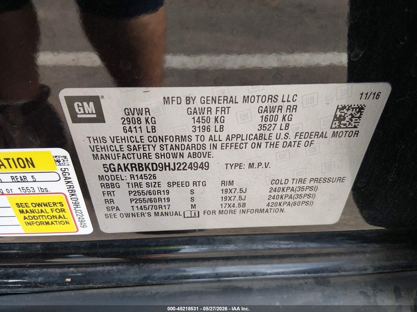 2017 Buick Enclave VIN 5GAKRBKD9HJ224949 IAAI salvage auction — SIDE, Salvage Title, sold $900 on 2026-07-09 (photo 9)