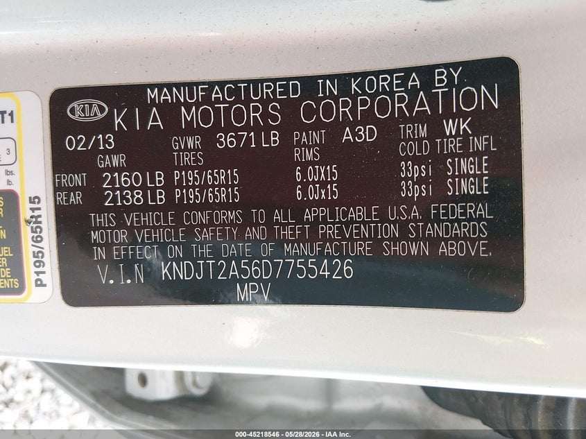 2013 Kia Soul VIN KNDJT2A56D7755426 IAAI salvage auction — FRONT & REAR, Clear (Tennessee), sold $800 on 2026-07-20 (photo 9)