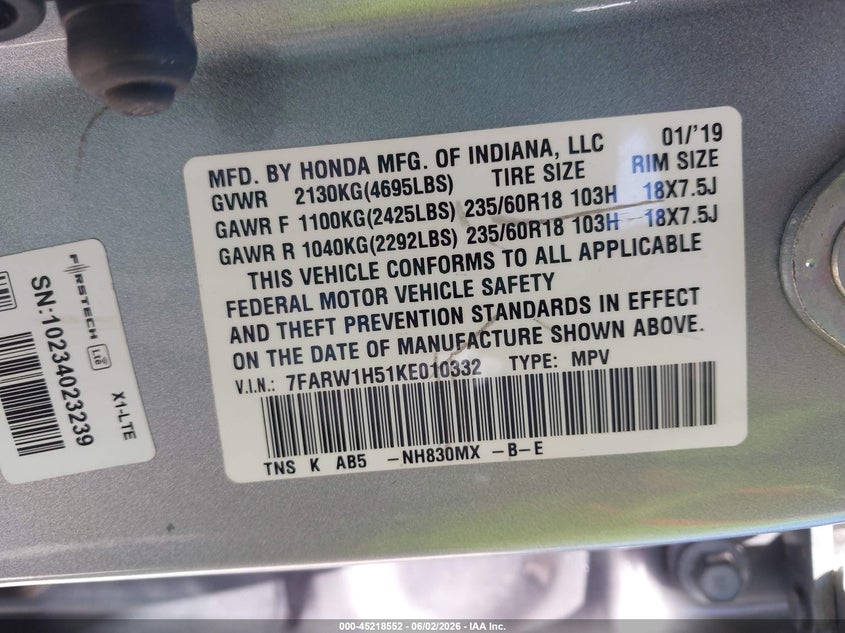 2019 Honda Cr-v VIN 7FARW1H51KE010332 IAAI salvage auction — REAR END, Salvage (Illinois), sold $7,550 on 2026-07-14 (photo 9)