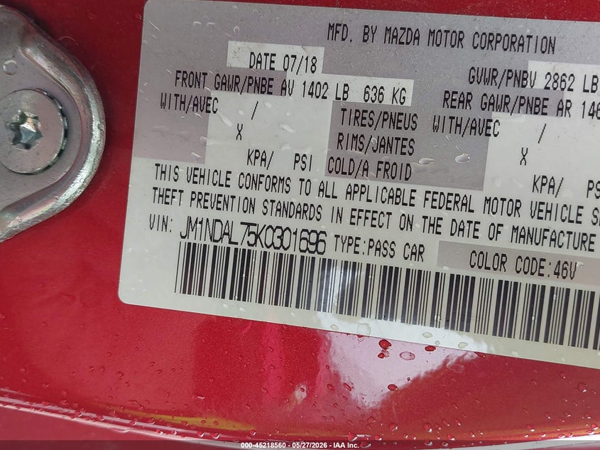 2019 Mazda Mx-5 VIN JM1NDAL75K0301696 IAAI salvage auction — HAIL, Original (Texas), sold $7,500 on 2026-08-12 (photo 9)