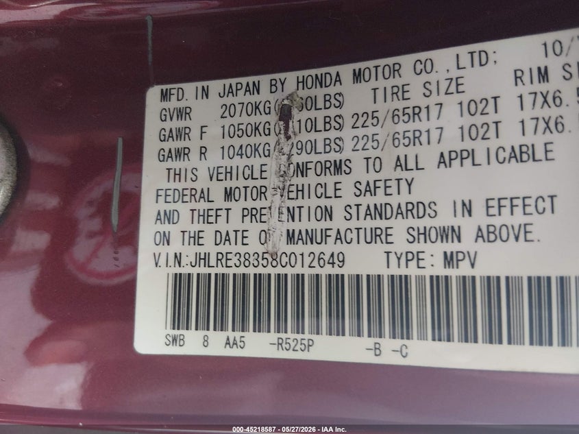 2008 Honda Cr-v VIN JHLRE38358C012649 IAAI salvage auction — RIGHT SIDE, Salvage Non-Reb (South Carolina), sold $475 on 2026-07-15 (photo 9)