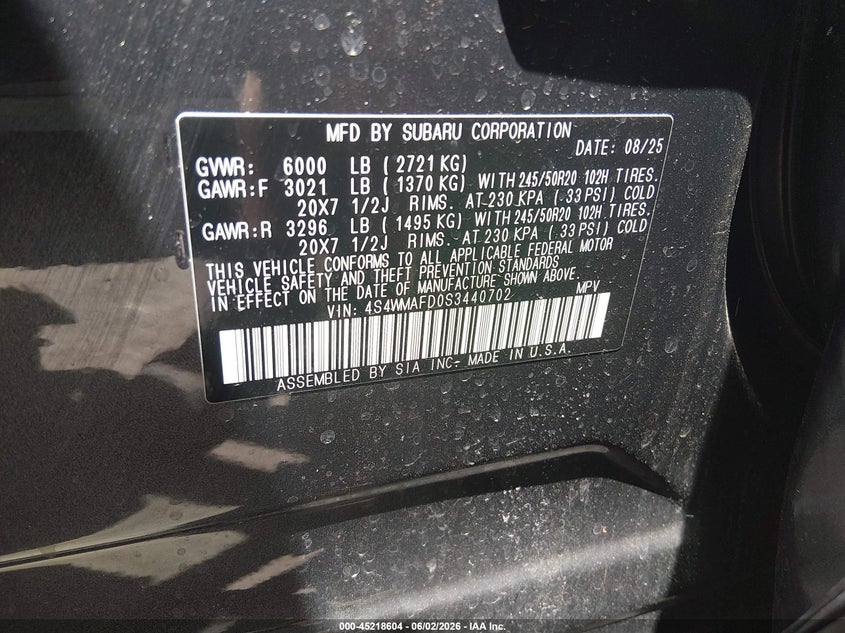 2025 Subaru Ascent VIN 4S4WMAFD0S3440702 IAAI salvage auction — HAIL, Salvage (Ohio), sold $16,500 on 2026-07-28 (photo 9)