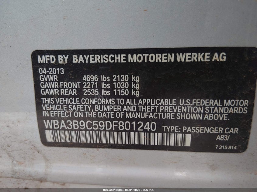 2013 BMW 3er VIN WBA3B9C59DF801240 IAAI salvage auction — ROLLOVER, Salvage Title, sold $525 on 2026-07-15 (photo 9)