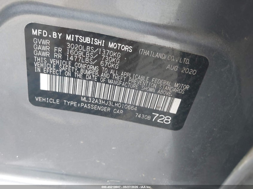 2020 Mitsubishi Mirage VIN ML32A3HJ3LH010664 IAAI salvage auction — SIDE, Salvage Title, sold $1,500 on 2026-07-17 (photo 9)