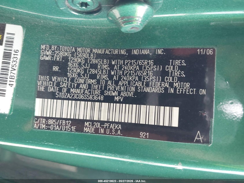 2006 Toyota Sienna VIN 5TDZA23C06S583648 IAAI salvage auction — LEFT SIDE, Salvage (Texas), sold $925 on 2026-07-09 (photo 9)
