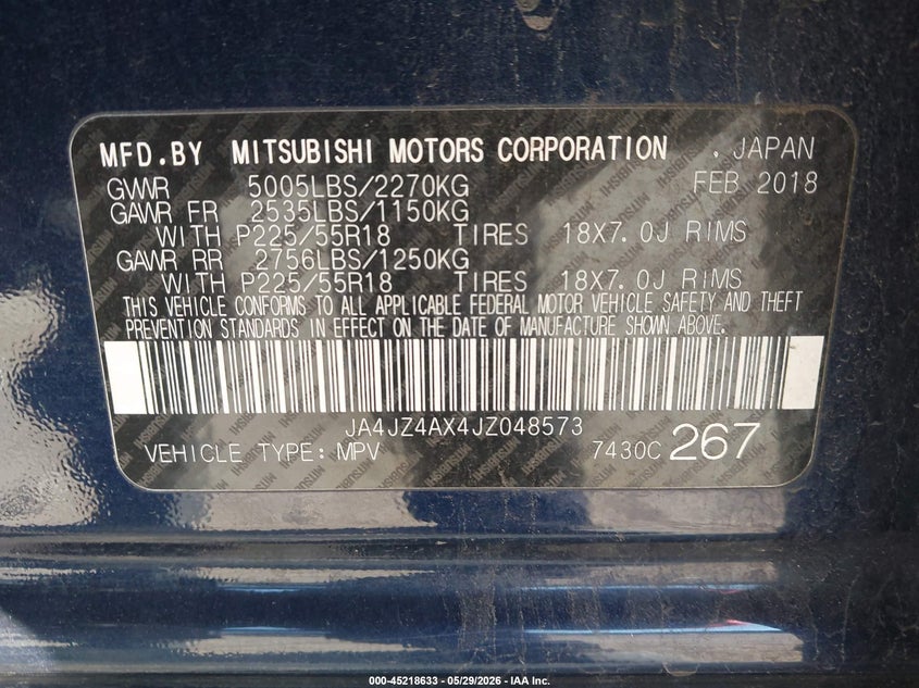2018 Mitsubishi Outlander VIN JA4JZ4AX4JZ048573 IAAI salvage auction — LEFT FRONT, Salvage (New Jersey), sold $1,100 on 2026-07-28 (photo 9)