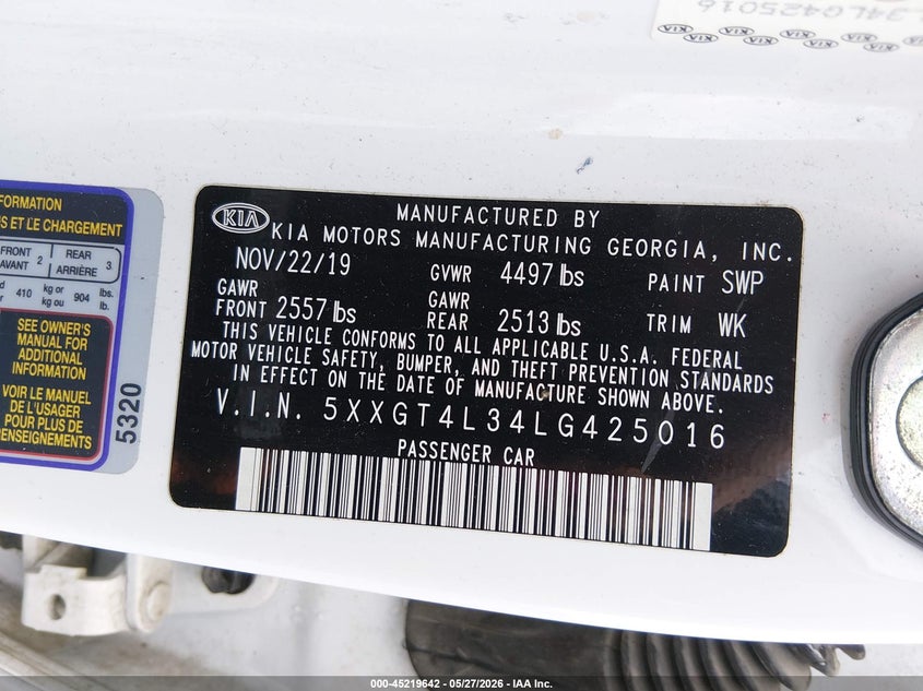 2020 Kia Optima VIN 5XXGT4L34LG425016 IAAI salvage auction — RIGHT FRONT, Salvage Title, sold $3,150 on 2026-07-08 (photo 9)