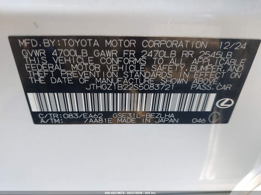 2025 Lexus Is VIN JTHGZ1B22S5083721 IAAI salvage auction — SIDE, Salvage Title, sold $16,000 on 2026-07-18 (photo 9)