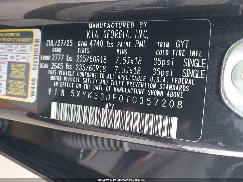 2026 Kia Sportage VIN 5XYK33DF0TG357208 IAAI salvage auction — FRONT END, Salvage (Texas), sold $4,950 on 2026-07-29 (photo 9)