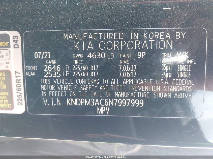 2022 Kia Sportage VIN KNDPM3AC6N7997999 IAAI salvage auction — HAIL, Salvage Title, sold $4,675 on 2026-07-27 (photo 9)