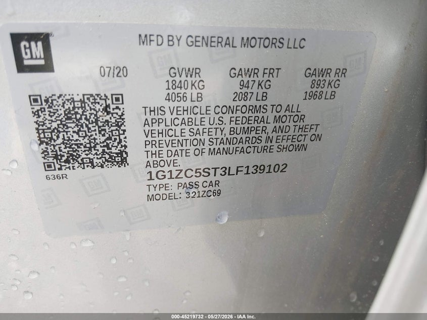 2020 Chevrolet Malibu VIN 1G1ZC5ST3LF139102 IAAI salvage auction — NORMAL WEAR, Sf97 (North Carolina), sold $15,200 on 2026-07-16 (photo 9)