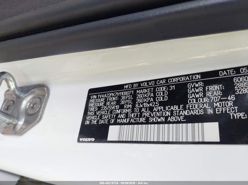 2017 Volvo Xc90 VIN YV4A22PK7H1108071 IAAI salvage auction — BIO HAZARD, Salvage Title, sold $650 on 2026-07-21 (photo 9)