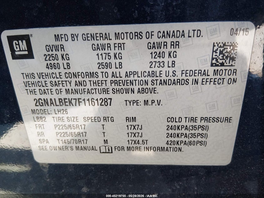 2015 Chevrolet Equinox VIN 2GNALBEK7F1161287 IAAI salvage auction — FRONT & REAR, Salvage Title, sold $325 on 2026-07-28 (photo 9)