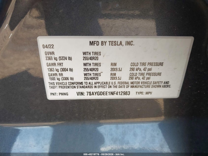 2022 Tesla Model y VIN 7SAYGDEE1NF412983 IAAI salvage auction — FRONT END, Salvage Title, sold $10,750 on 2026-07-16 (photo 9)